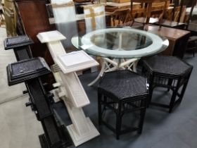 Glass topped dining table on bentwood legs x2 Hexagonal black side tables plus black and white displ