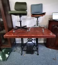 Bradbury and Co Sewing table plus x2 vintage industrial factory swivel chairs