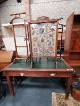 Leather topped antique oak desk, silk embroidered firescreen, cake stand, x2 Valet stands