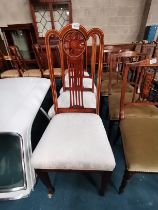 Set of 4 tall back inlaid antique mahogany dining chairs with cream seats