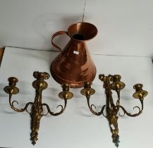 Vintage Antique Gallon Copper Jug plus a Pair of French 3 armed Brass Wall Sconce