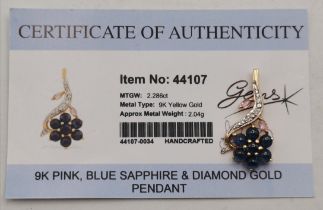 A 9 carat gold pink and blue sapphire and diamond pendant