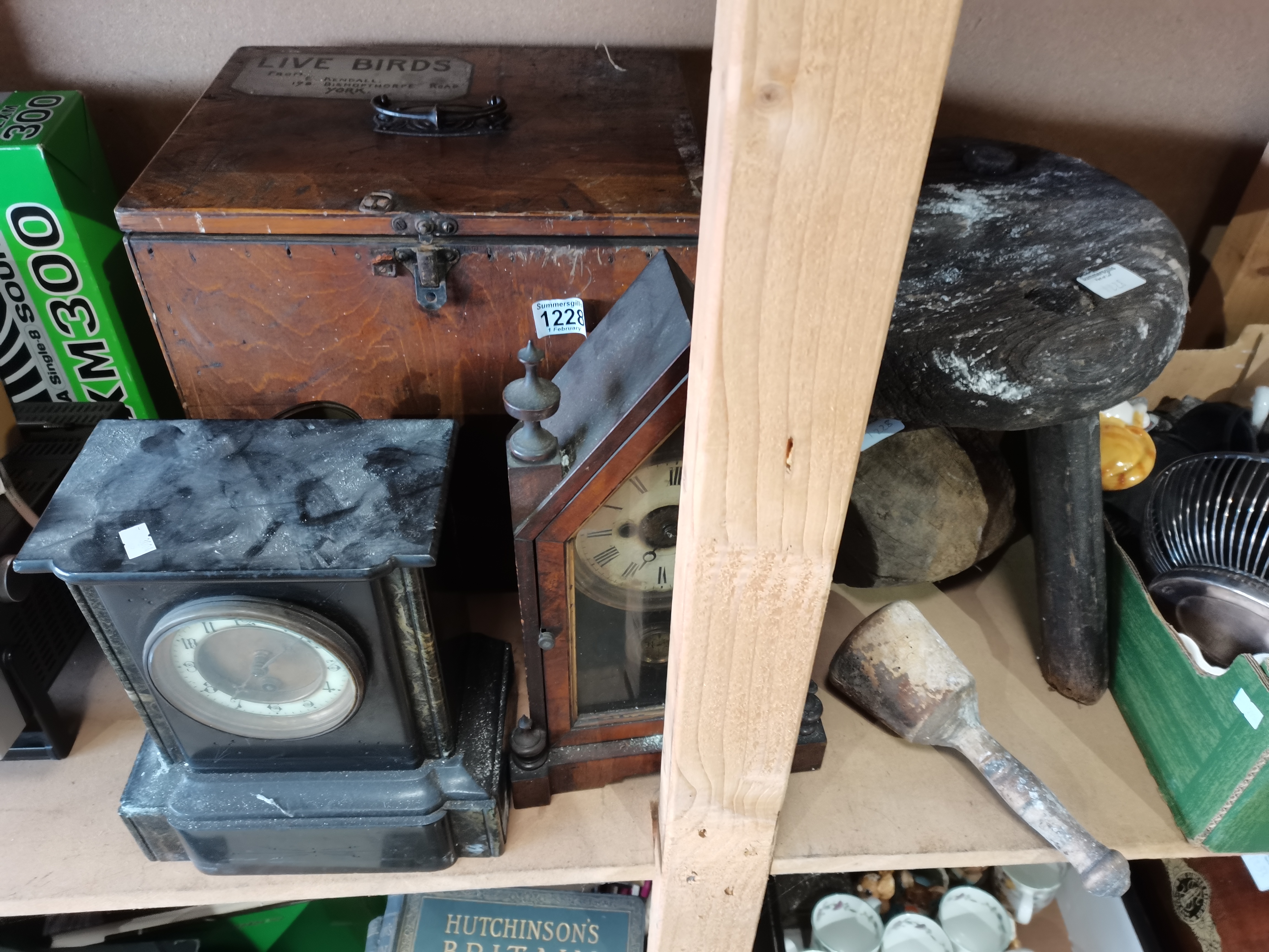 Antique mantle clocks, stool, live birds antique bird carving box etc