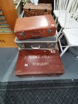 Old wooden trunk plus x4 vintage suitcases