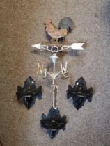 A cockerel weather vane, and three metal wall brackets