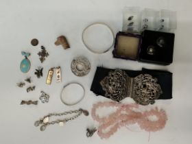 Box of silver and jewellery items, Christening bracelet, belt buckle etc
