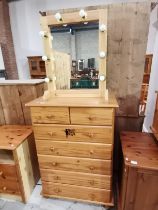 6ht chest of drawers (2 over 5) plus pine vanity mirror with lights