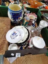 A box lot of Staffordshire figures, decanter etc