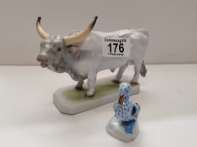 Porcelain bull figure plus Herend bird figure