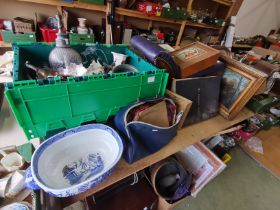 A good box lot of sewing machine, soda syphon , records, blue and white china, etc etc