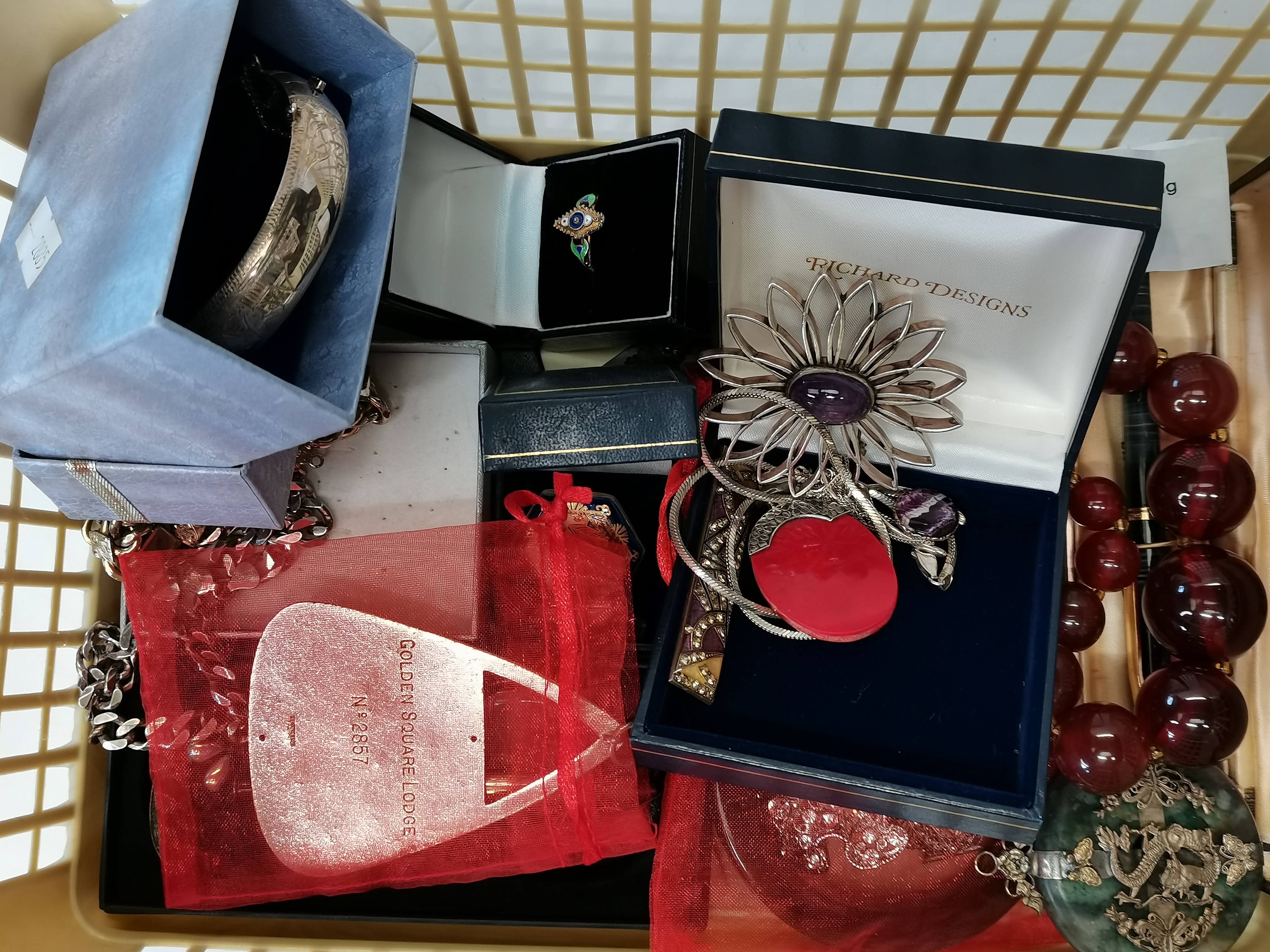Box of costume and misc. jewellery incl. Cherry Amber necklace, sterling silver bangle etc