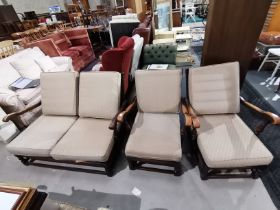 Antique Ercol wood framed 2 seater sofa with 2 matching chairs plus Ercol floor standing corner unit