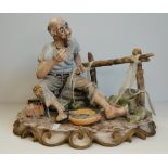 Large Italian Figure possibly Balsano of old man mending fishing nets - W36cm x H28cm
