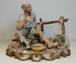 Large Italian Figure possibly Balsano of old man mending fishing nets - W36cm x H28cm