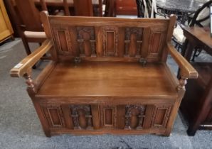 Carved Oak Monks Bench