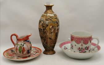 5 x Oriental porcelain pieces - cup and saucer, 16cm Vase with markings, saucer with markings