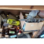 2 x boxes of misc inc bottles, gas lamps cross bow etc