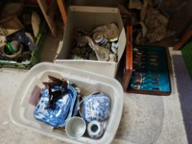 A good lot of blue and white ant. figures and cutlery set etc