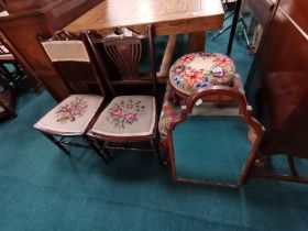 x2 small vintage tapestry chairs, footstool, stool and wall mirror