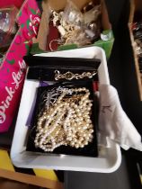 Box of costume jewellery - pearls, watches etc