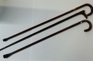 A silver-collared sword stick and two silver-collared walking sticks, 20th Century