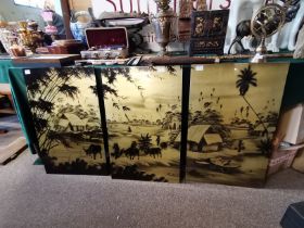 Three large oriental black and gilt lacquered wooden panels