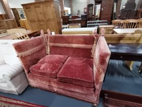Antique drop arm Knoll style sofa in burnt orange velvet upholstery
