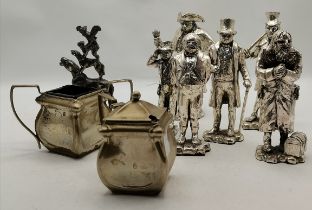 A set of six chromed metal Dickensian figures, etc