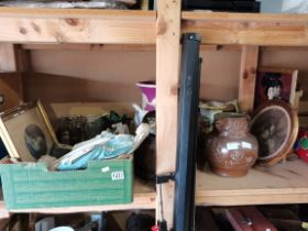 Av good misc box lot of religion items, early pottery, and stoneware items