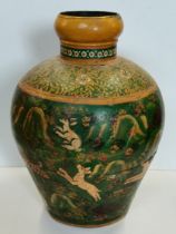 Painted metal toleware urn decocated with animals and flowers in yellow and green