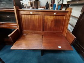 Vintage pine pew - 2 seats, numbered with lift up seat and book box behind plus umbrella stand