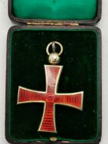 Gold plated pendant in shape of a cross with Red Cloisonne translucent enamel