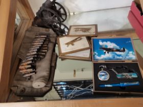 War / aircraft memorabilia - plaques of early 20th Century aircraft, Spitfire set, model of canon,