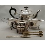 A group of silver-plated wares, including a three-piece tea service