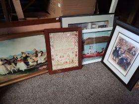A collection of six assorted prints, framed