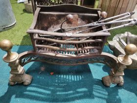 Victorian cast iron brass mounted fire grate with 2 Dog Irons and companion set