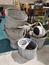 Vintage metal buckets, watering cans and mop bucket