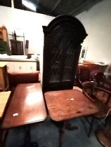 A Jacobean style Antique oak corner cupboard with leaded glass decoration plus x2 tables