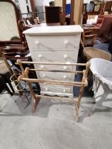 Antique pine towel rail plus painted pine narrow chest of drawers