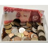 Box of assorted coinage British and Foreign and notes