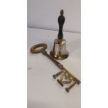 Large vintage brass key and hand bell