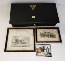 A black-painted wooden cash box, together with two etchings and a miniature watercolour