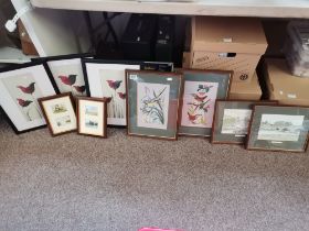 A group of assorted prints and embroideries, framed