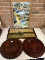 A pair of Black Forest style carved wooden chargers, etc