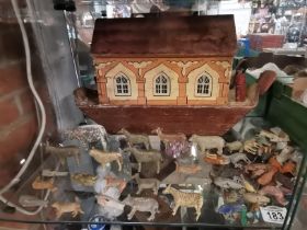 Antique 1880s German Wooden Noah's Ark with large collection of wooden animals
