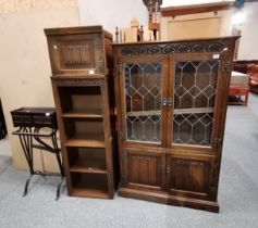 A Wood Brothers Old Charm Oak glazed top book shelf plus matching open shelves and a hall tidy