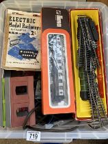 A box of model railway track, engines, equipment, etc.