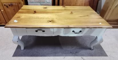 Pine pained coffee table with cabriole legs and 2 drawers