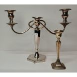 A George V silver candlestick, and a silver-plated three-light candelabrum