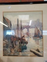 British School, watercolour, harbour scene of Whitby